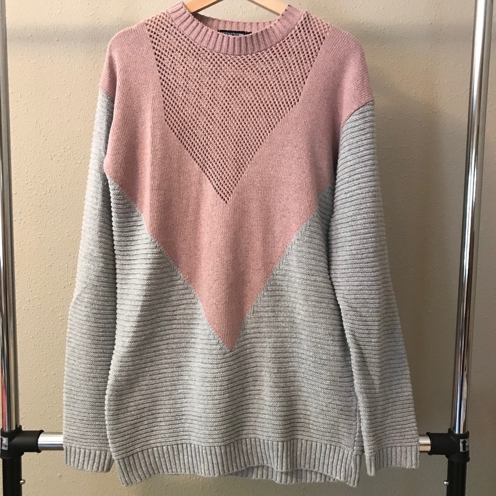 Pretty Little Thing V design gray and pink sweater